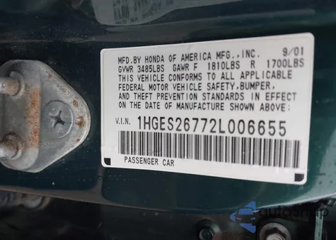 2002 Honda Civic Ex z USA, uszkodzony, nr VIN 1HGES26772L006655